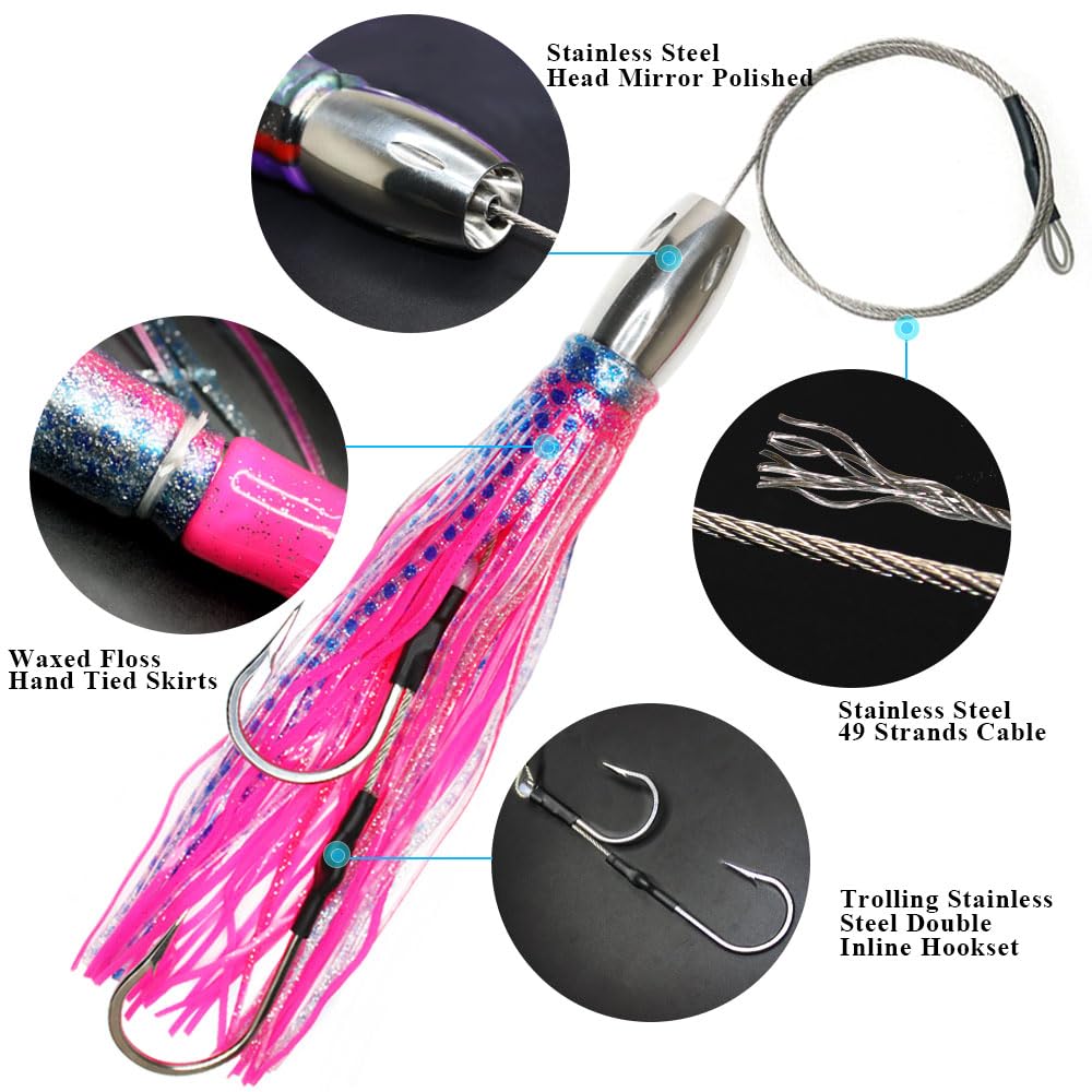 VIKETECH 6Pcs 12’’ 15oz Stainless Deep Sea Fishing Trolling Lure for Marlin Tuna Mahi Mahi Wahoo Sailfish Dolphin Saltwater Offshore Big Game Trolling Lures Included Mesh Bag