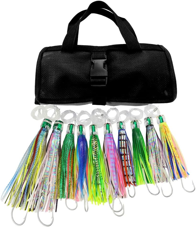 OCEAN CAT Set of 10 Pcs Offshore Big Game Trolling Lure for Marlin Tuna Mahi Dolphin Durado Wahoo Trolling Lures Free Mesh Bag (Mixed - Crystal Head - 10pcs)