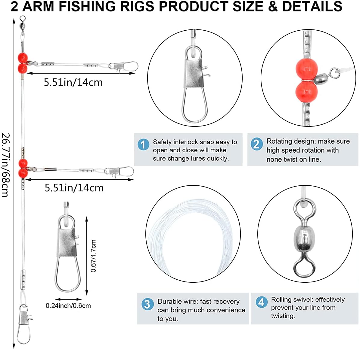 YOTO Fishing Leaders,Saltwater Tackle Rig with Swivels Snap, High-Strength Fishing Wire Gear Equipment for Lures Bait Or Hooks,1Arm and 2Arm