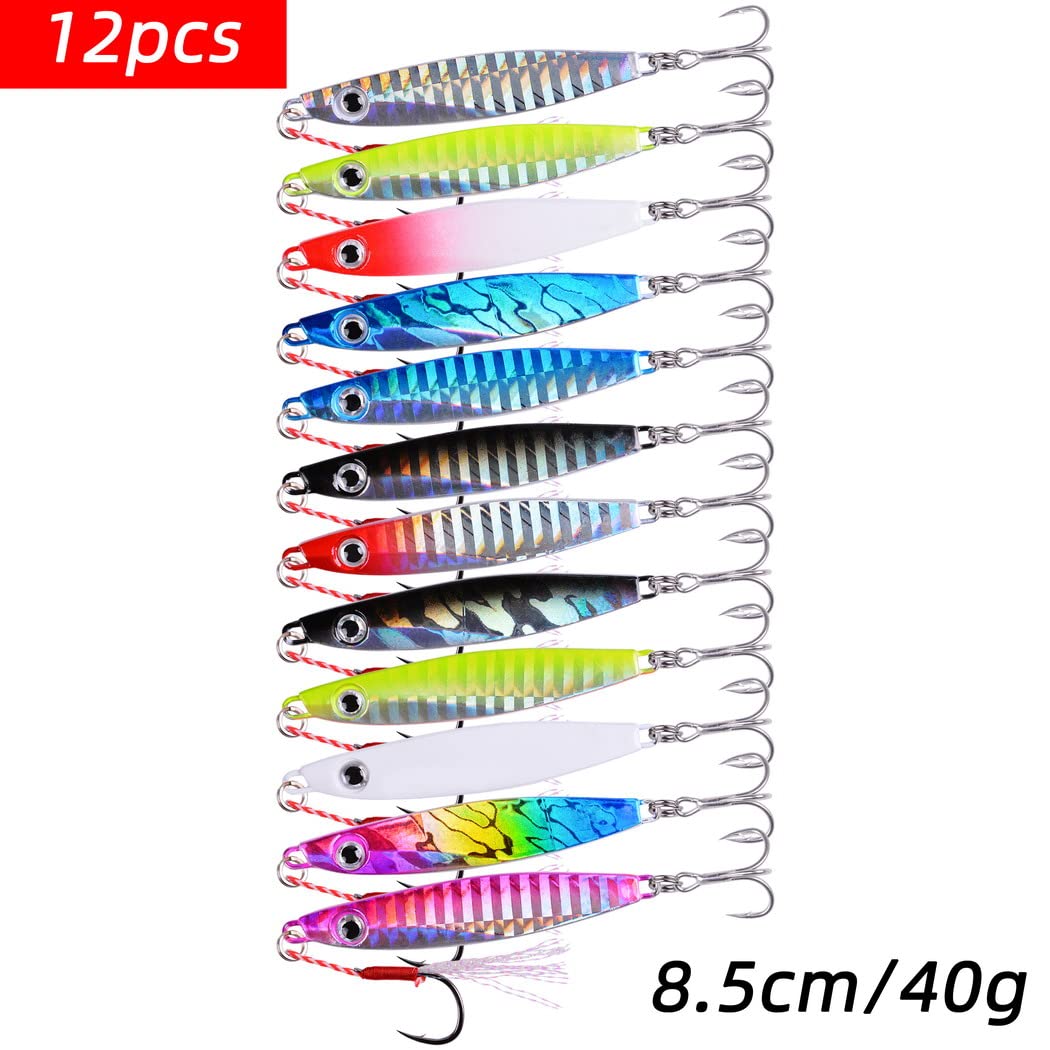 Aorace 12pcs 40g 8.5cm Metal Jigs Saltwater Fishing Lures Jigging Spoon Lures Kit for Long Casting Surf Fishing Slow Vertical Casting Artificial Lead Jigs Assortment for Bass Sea Trout