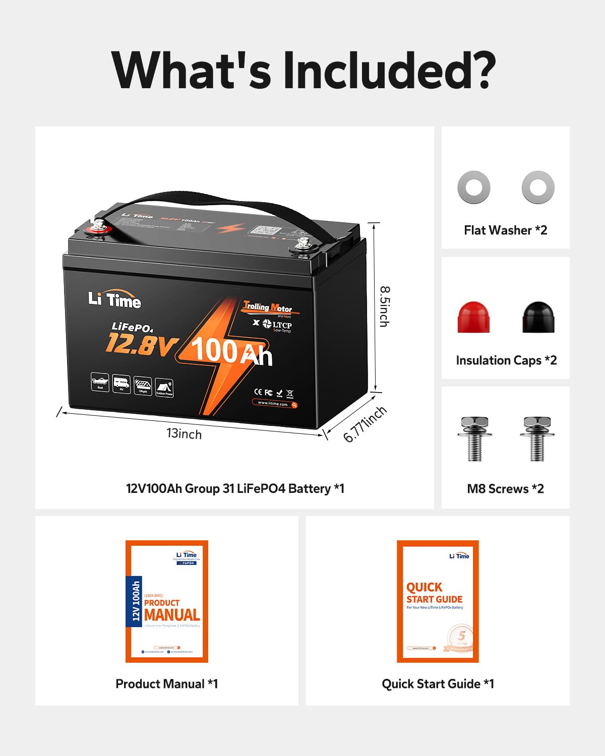 Litime 12V 100Ah Trolling Motor LiFePO4 Battery (Group 31), 12 Volt Lithium Battery with Low Temp Protection, Up to 15000 Deep Cycles, Built-in 100A BMS for Marine, Boat, RVs & Yacht