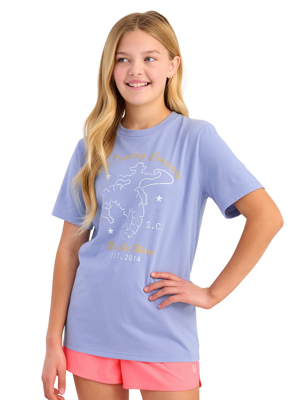 HUK Kids Short Sleeve Performance Tee, Kids Fishing T-Shirt, Seahorse - Lightning Sky, Large