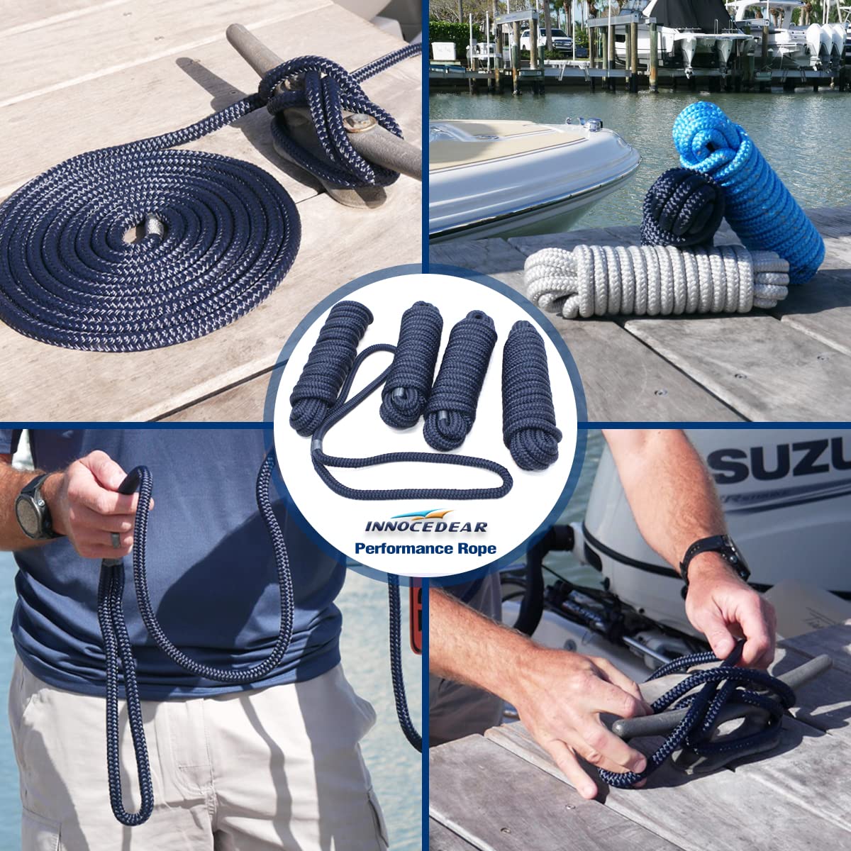 INNOCEDEAR 4 Pack 1/2” X 15’ Dock Lines|Marine-Grade Double-Braided Nylon Dock Line with 12” Eyelet.Hi-Performance Boat Rope Mooring Rope Dock Line Navy Blue