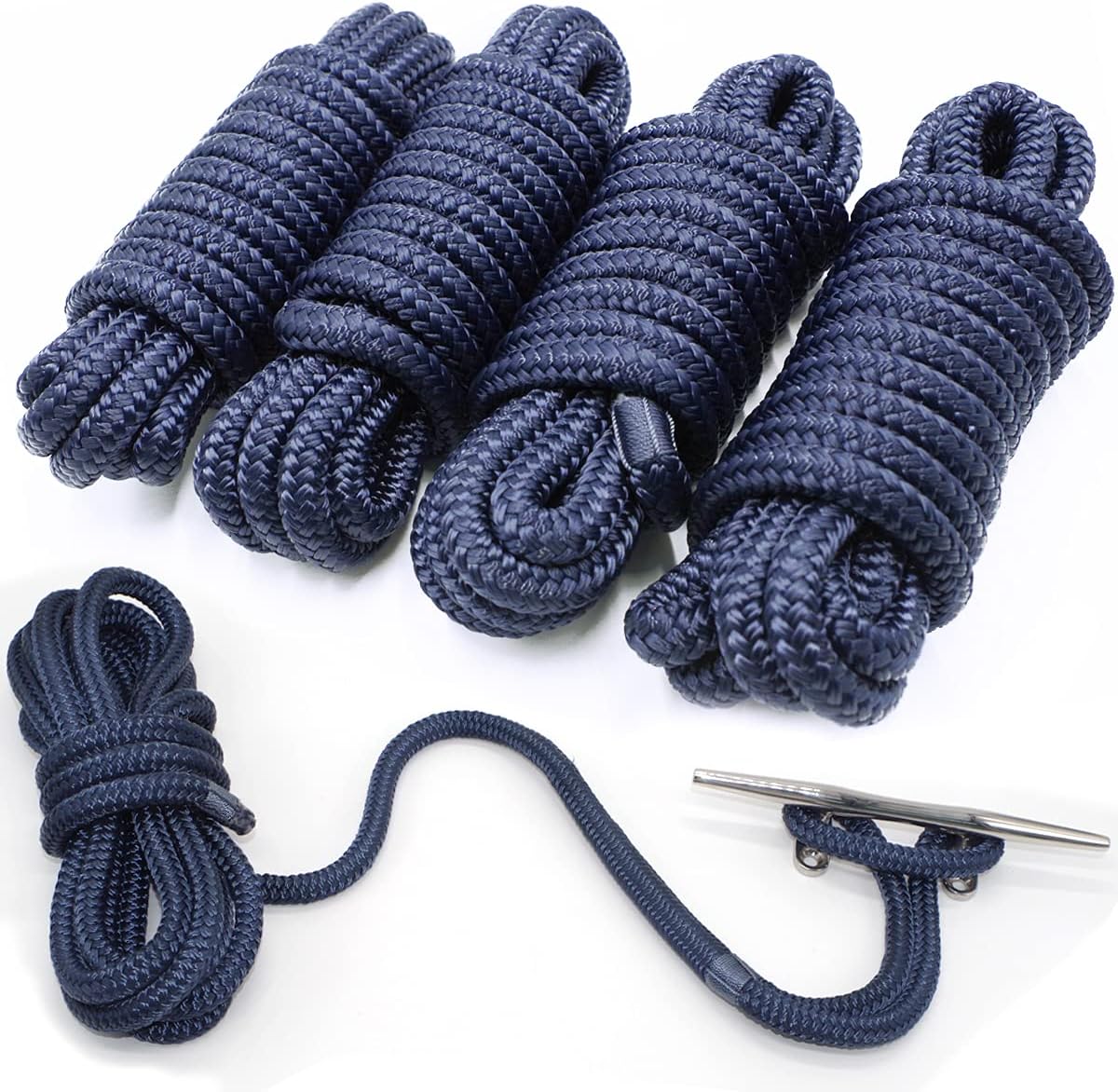 INNOCEDEAR 4 Pack 1/2” X 15’ Dock Lines|Marine-Grade Double-Braided Nylon Dock Line with 12” Eyelet.Hi-Performance Boat Rope Mooring Rope Dock Line Navy Blue