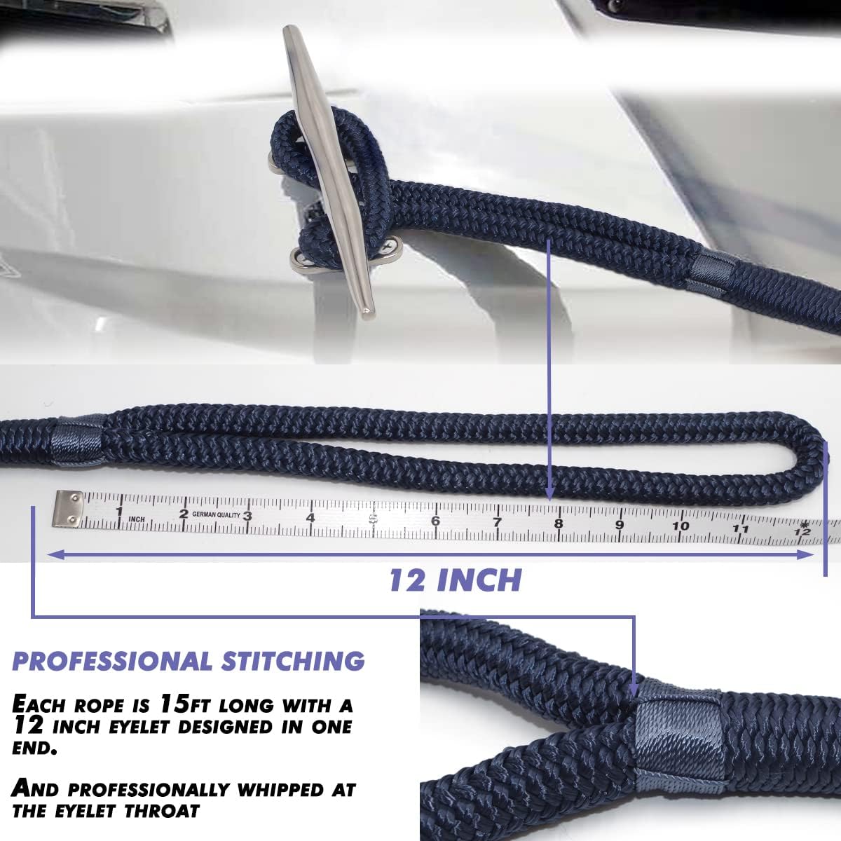 INNOCEDEAR 4 Pack 1/2” X 15’ Dock Lines|Marine-Grade Double-Braided Nylon Dock Line with 12” Eyelet.Hi-Performance Boat Rope Mooring Rope Dock Line Navy Blue