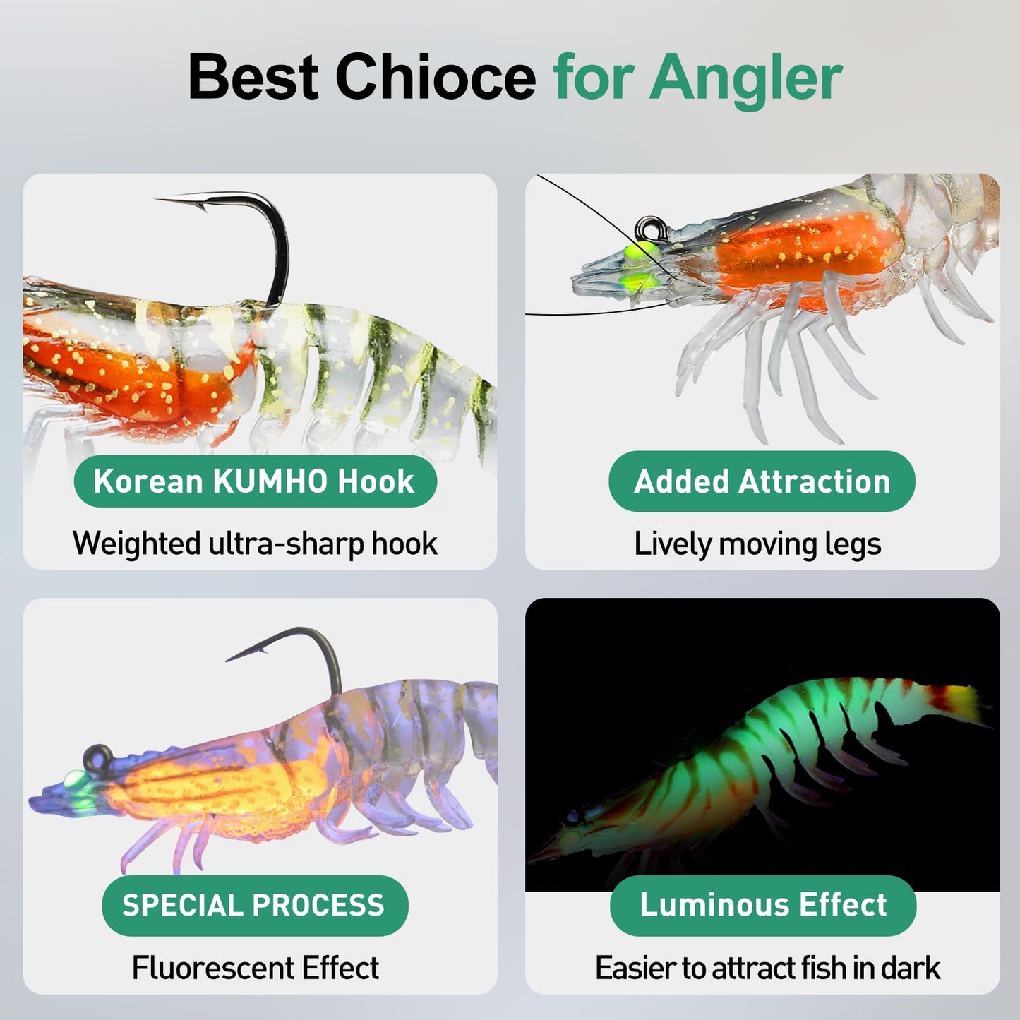 TRUSCEND Pre-Rigged Fishing Jigs, 1:50 Super Durable TPE Bass Fishing Lures, Well-Made Lifelike Soft Shrimp Swimbait, Weedless MarshSwamp Fishing Lure for Trout Crappie Walleye, Keep Separately!