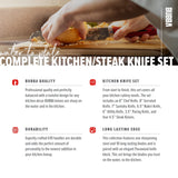 BUBBA Complete Kitchen and Steak Knife Set for all your kitchen cutting needs with G10 Handles, Premium German Stainless Steel and a Parawood Knife Block.