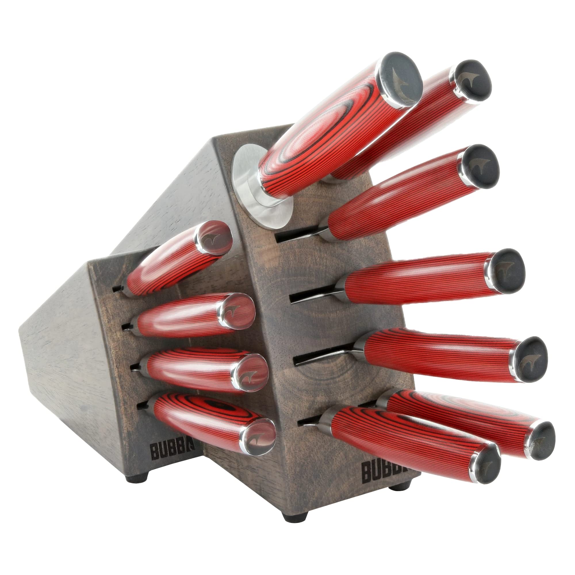 BUBBA Complete Kitchen and Steak Knife Set for all your kitchen cutting needs with G10 Handles, Premium German Stainless Steel and a Parawood Knife Block.