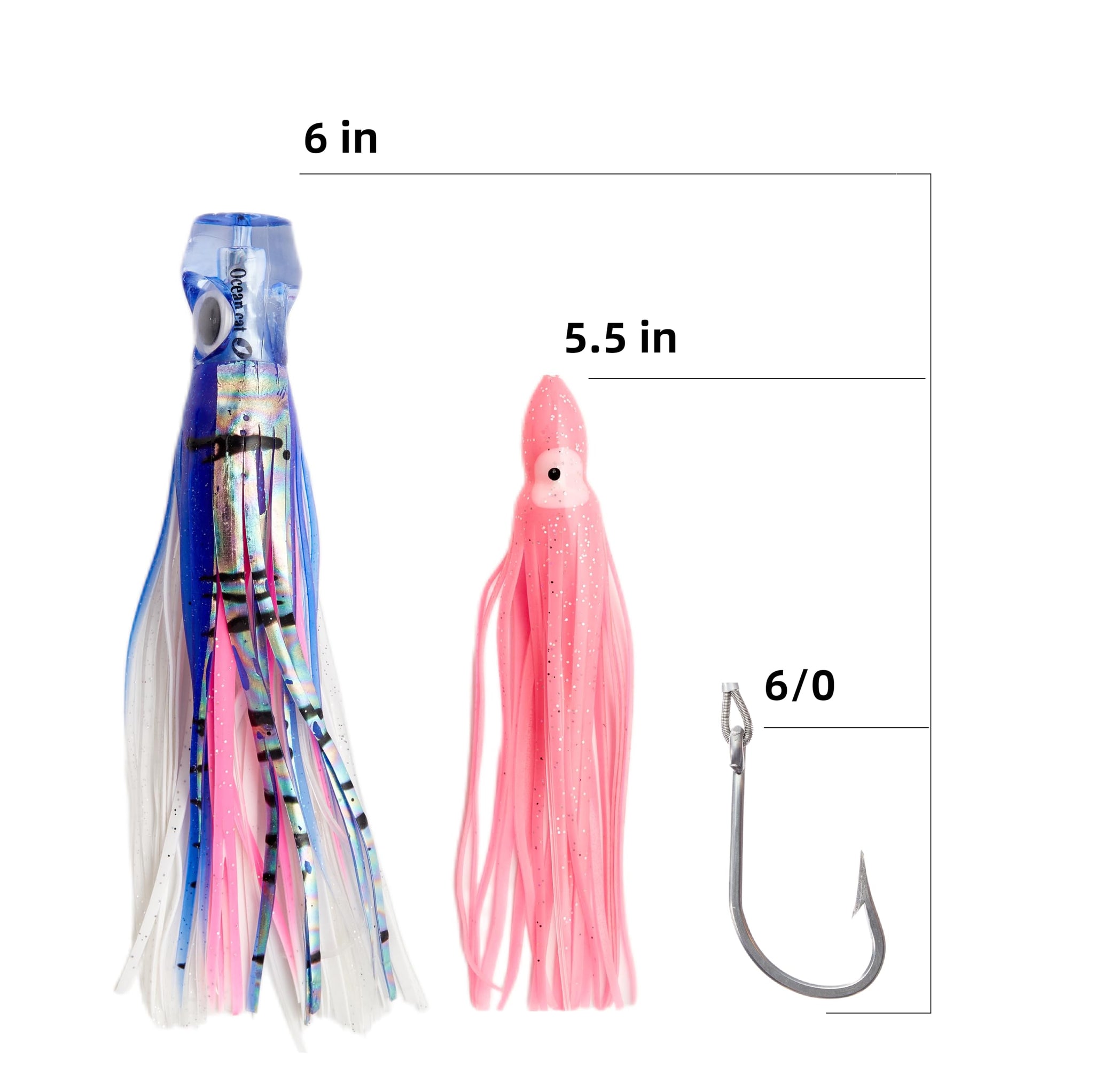 OCEAN CAT Teaser Chain Trolling Lure Saltwater Fishing Lure Bag with Circle Hook and Fishing Line Fully Rigged Teasers for Wahoo Tuna Marlin Mahi Mahi (#054-Blue+Pink, 6in+4.5in+6/0)