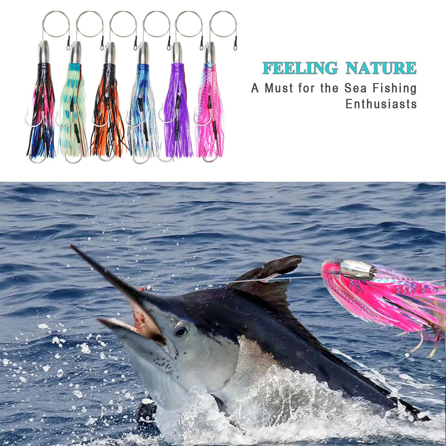 VIKETECH 6Pcs 12’’ 15oz Stainless Deep Sea Fishing Trolling Lure for Marlin Tuna Mahi Mahi Wahoo Sailfish Dolphin Saltwater Offshore Big Game Trolling Lures Included Mesh Bag