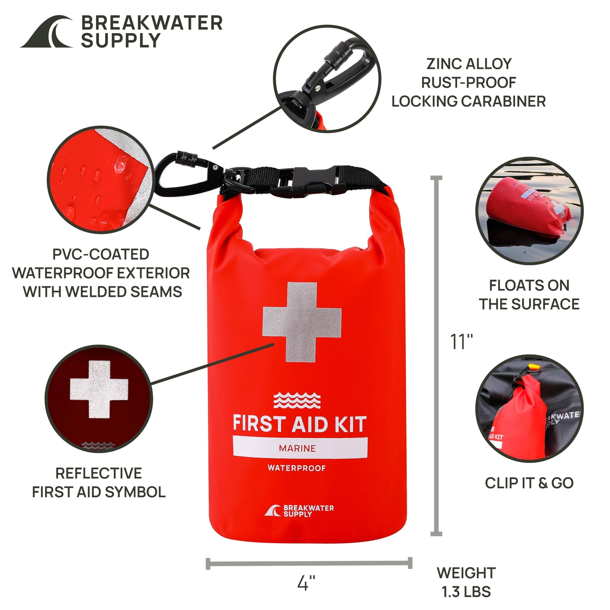 Breakwater Supply™ Waterproof Marine First Aid Kit Boat Safety Tool Kit, 100 Piece AFAK Emergency Supplies in Dry Bag, IFAK Trauma Kit for Kayaking, Jet Ski, Fishing, Surfing, Sailing, Canoeing (Red)