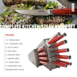 BUBBA Complete Kitchen and Steak Knife Set for all your kitchen cutting needs with G10 Handles, Premium German Stainless Steel and a Parawood Knife Block.