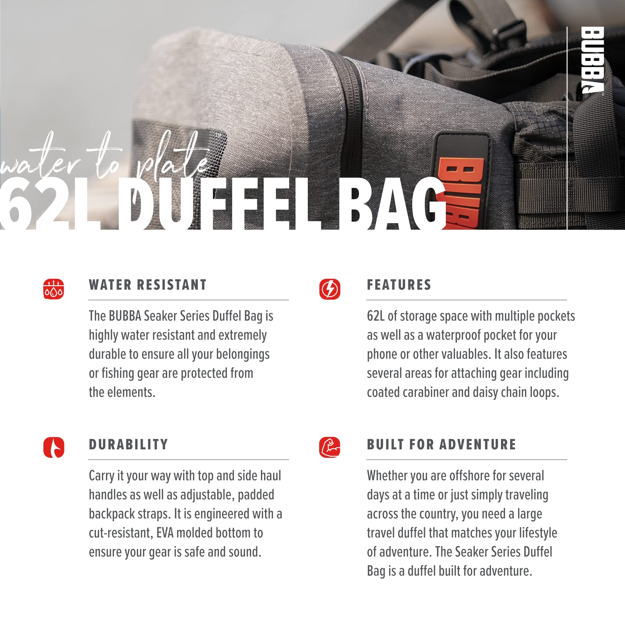 BUBBA Seaker Series Duffel Premium Dry Travel Bag with a Waterproof Base, Weather-Resistant Material and 62L of Capacity Perfect for Any Angler.