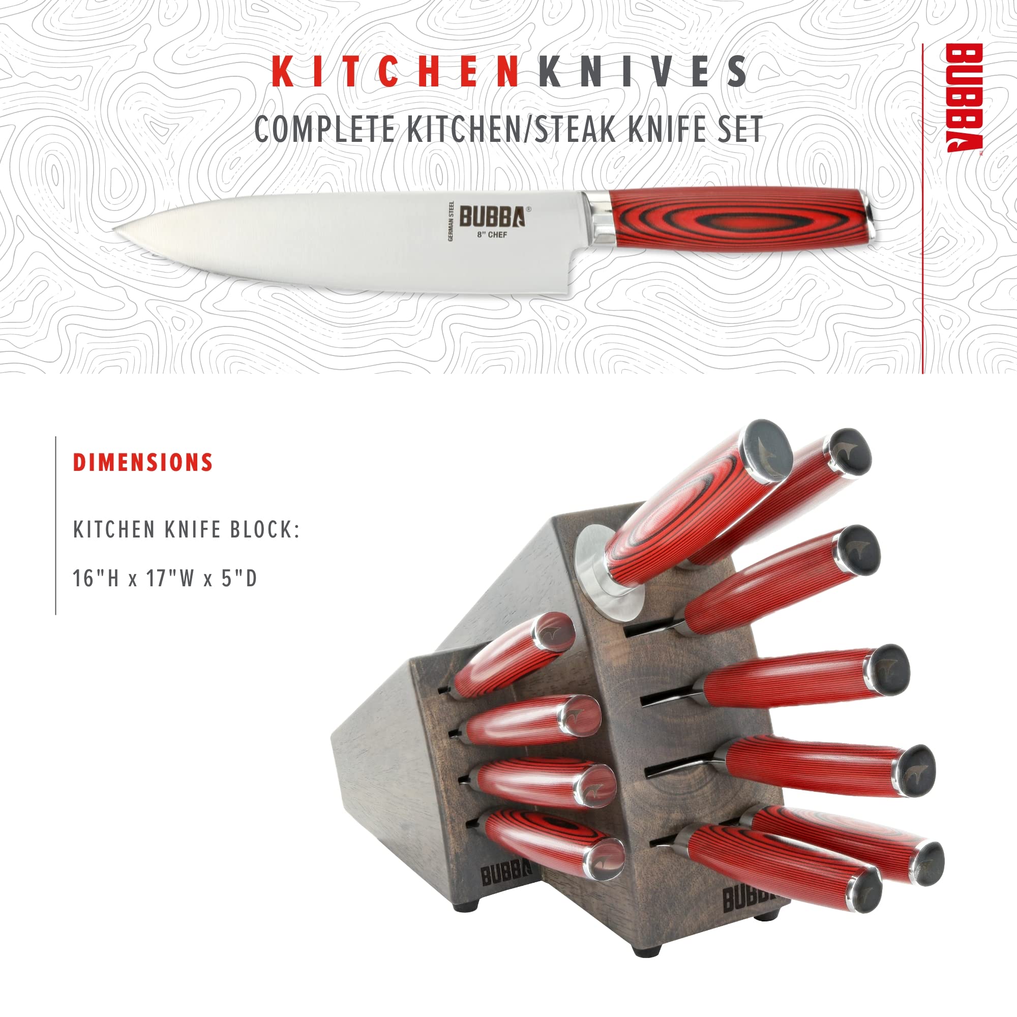 BUBBA Complete Kitchen and Steak Knife Set for all your kitchen cutting needs with G10 Handles, Premium German Stainless Steel and a Parawood Knife Block.