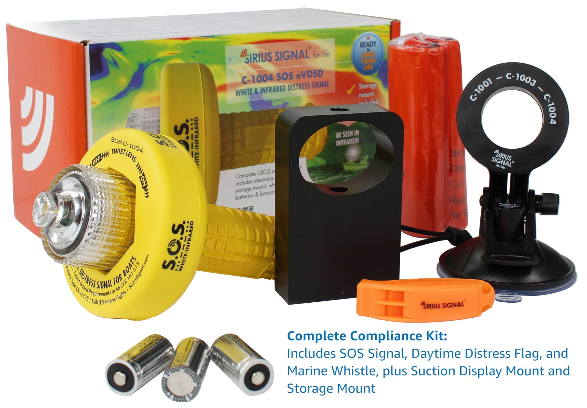 Sirius Signal C-1004 SOS LED Distress Signal - White & Infrared, USCG Approved, Includes Display Mount, Storage Mount, Daytime Flag & Whistle