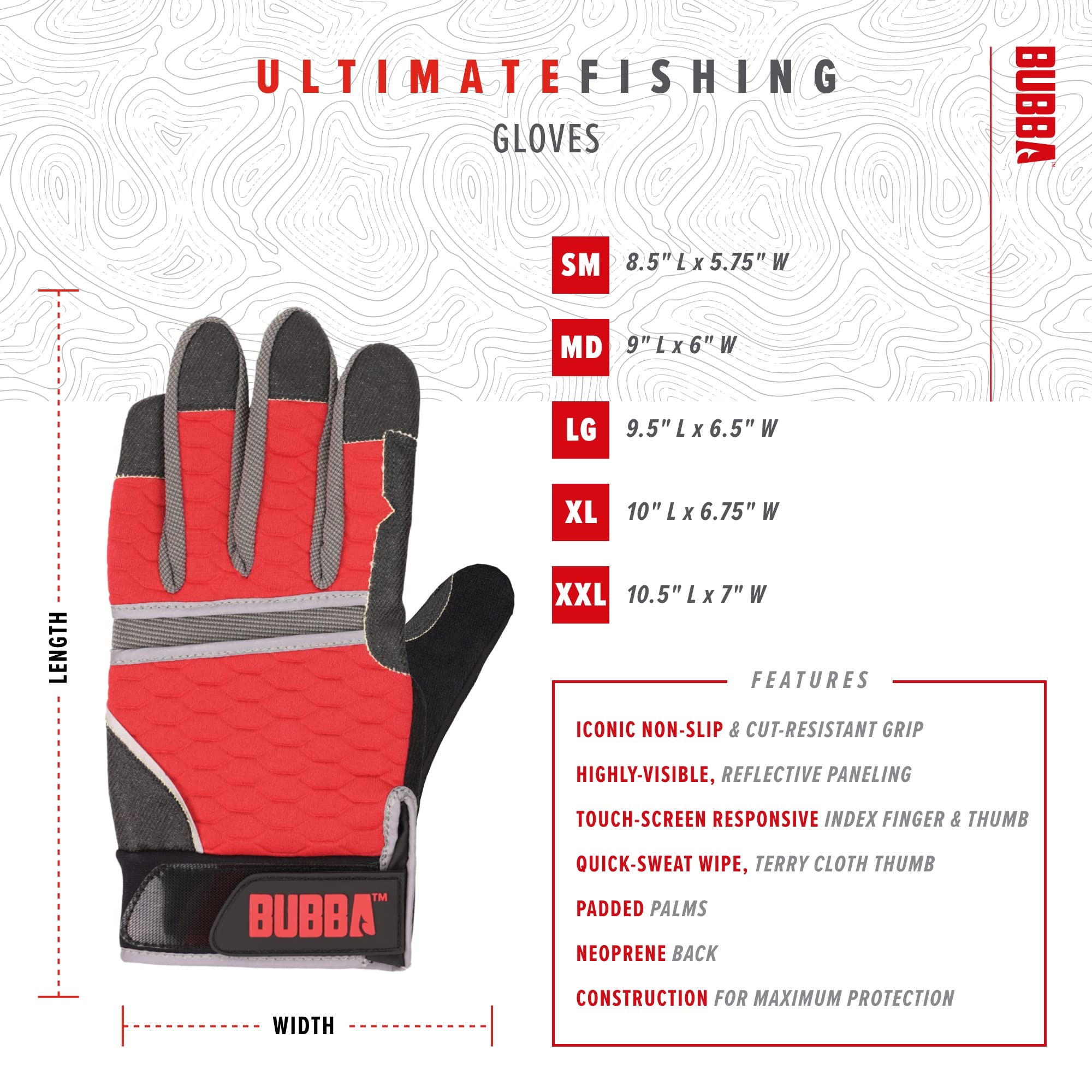 BUBBA Ultimate Fishing Gloves with Cut Resistant Construction, Cloth Thumb and Touch Screen Usability for Fishing, Angling, Boating and Outdoors, Large