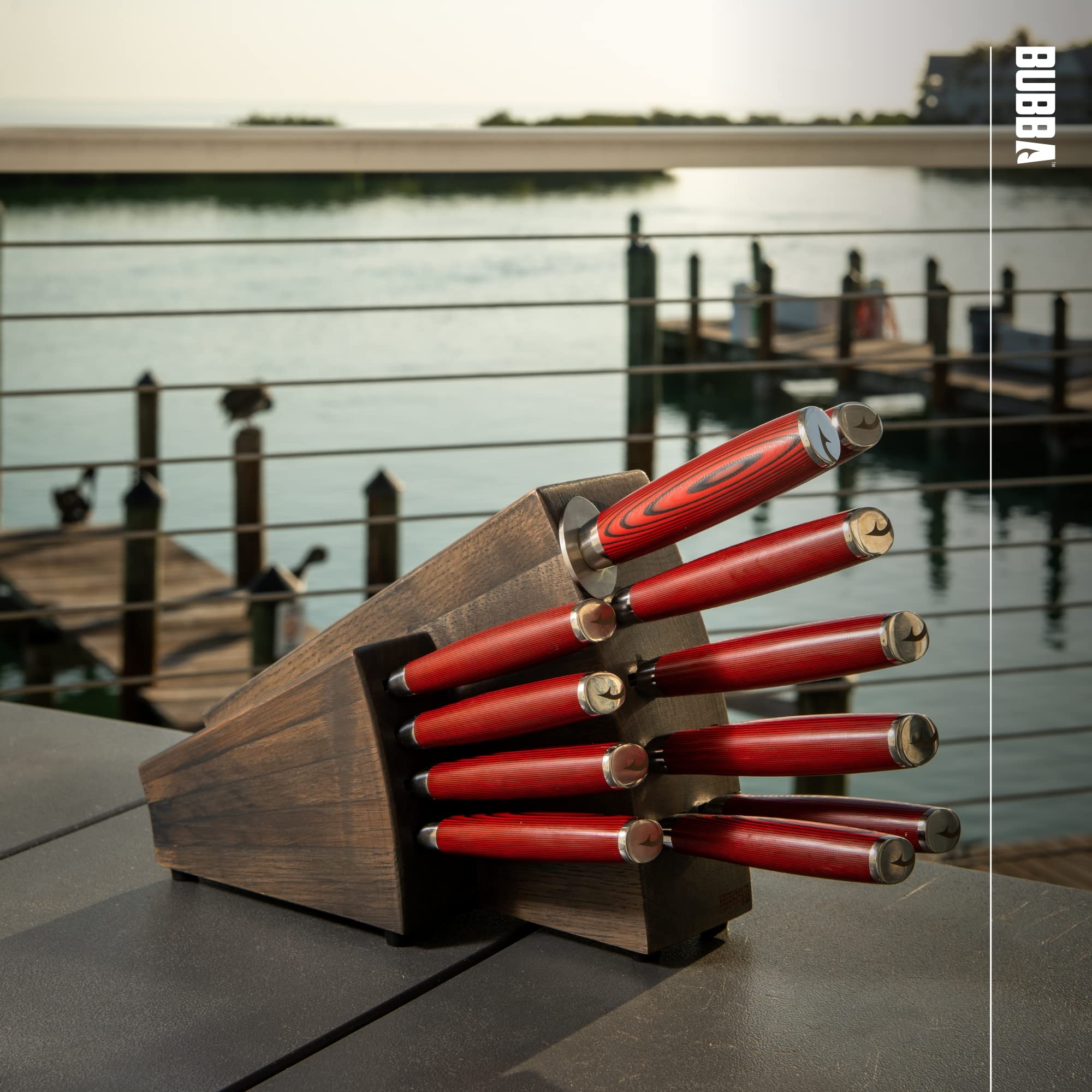 BUBBA Complete Kitchen and Steak Knife Set for all your kitchen cutting needs with G10 Handles, Premium German Stainless Steel and a Parawood Knife Block.