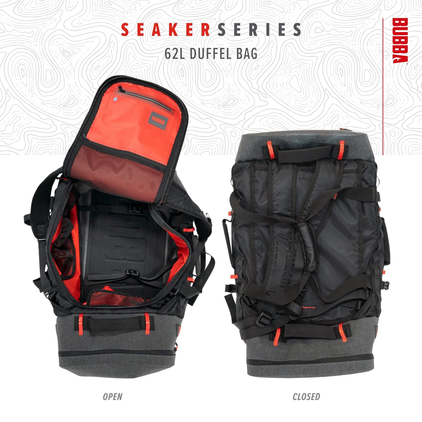 BUBBA Seaker Series Duffel Premium Dry Travel Bag with a Waterproof Base, Weather-Resistant Material and 62L of Capacity Perfect for Any Angler.