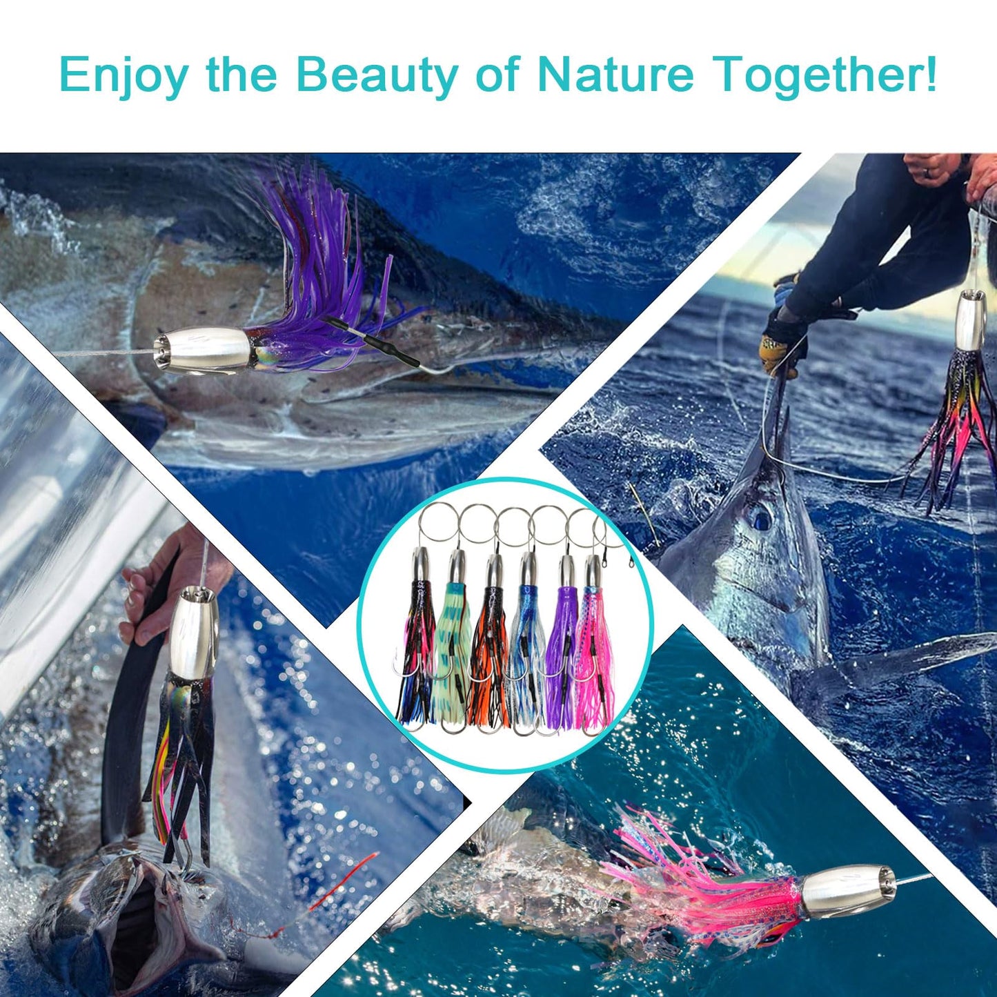 VIKETECH 6Pcs 12’’ 15oz Stainless Deep Sea Fishing Trolling Lure for Marlin Tuna Mahi Mahi Wahoo Sailfish Dolphin Saltwater Offshore Big Game Trolling Lures Included Mesh Bag