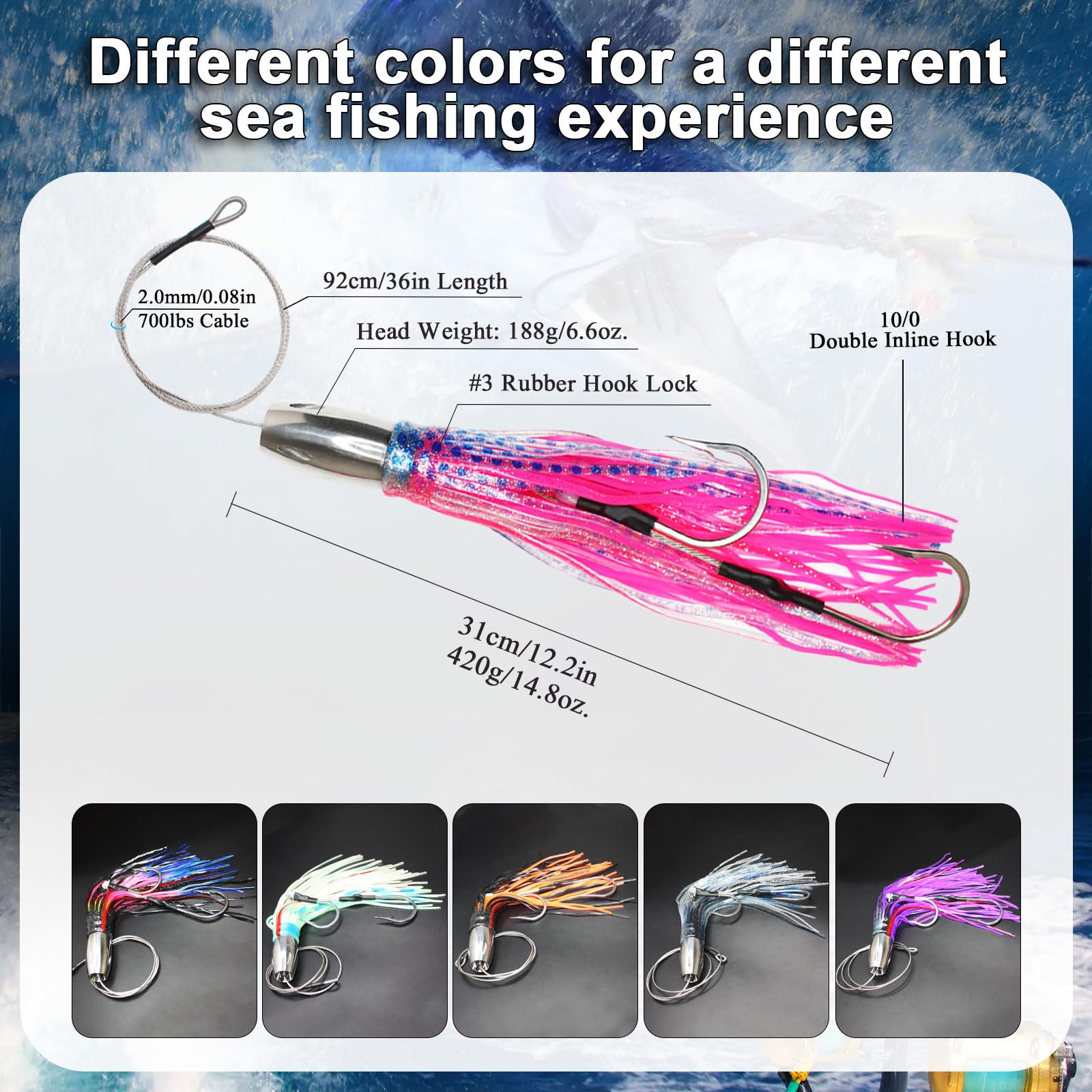 VIKETECH 6Pcs 12’’ 15oz Stainless Deep Sea Fishing Trolling Lure for Marlin Tuna Mahi Mahi Wahoo Sailfish Dolphin Saltwater Offshore Big Game Trolling Lures Included Mesh Bag