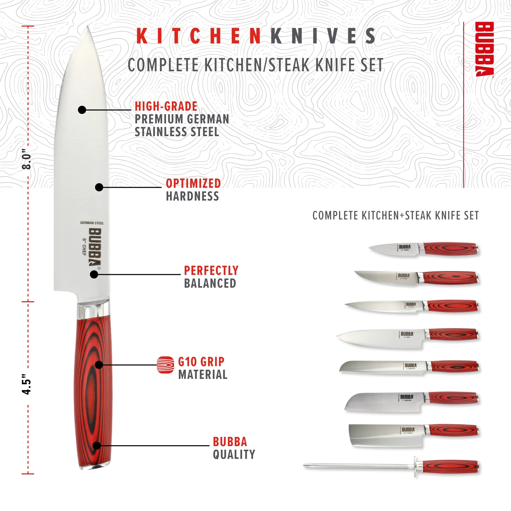 BUBBA Complete Kitchen and Steak Knife Set for all your kitchen cutting needs with G10 Handles, Premium German Stainless Steel and a Parawood Knife Block.