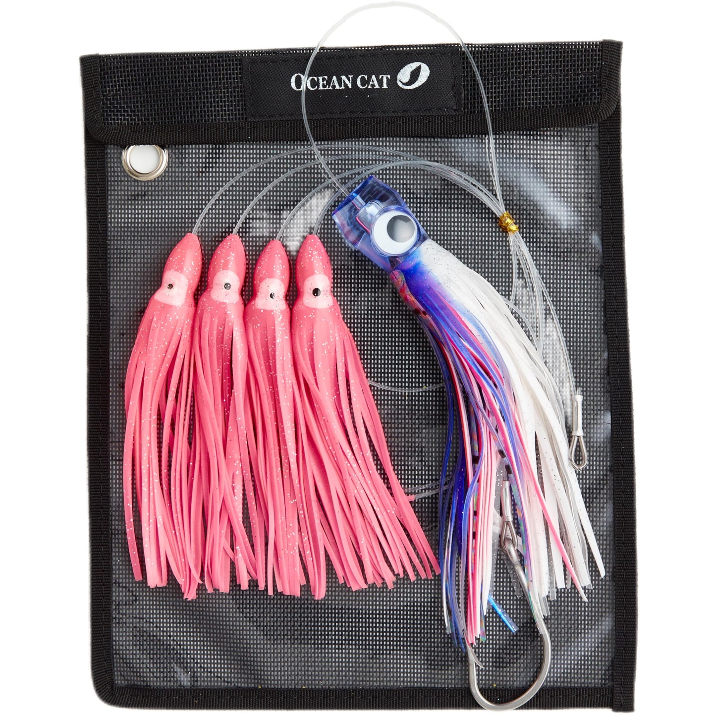 OCEAN CAT Teaser Chain Trolling Lure Saltwater Fishing Lure Bag with Circle Hook and Fishing Line Fully Rigged Teasers for Wahoo Tuna Marlin Mahi Mahi (#054-Blue+Pink, 6in+4.5in+6/0)