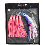 OCEAN CAT Teaser Chain Trolling Lure Saltwater Fishing Lure Bag with Circle Hook and Fishing Line Fully Rigged Teasers for Wahoo Tuna Marlin Mahi Mahi (#054-Blue+Pink, 6in+4.5in+6/0)