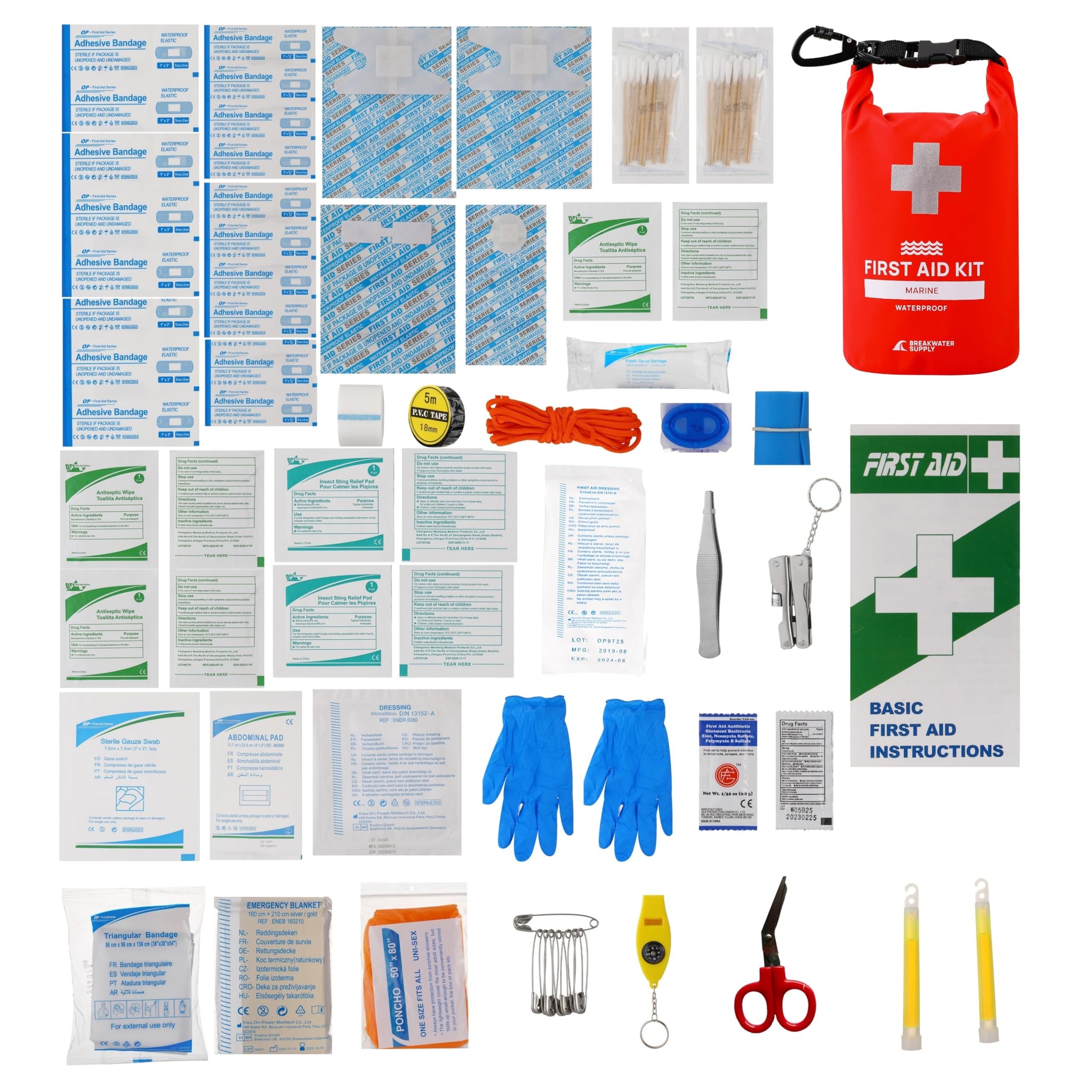 Breakwater Supply™ Waterproof Marine First Aid Kit Boat Safety Tool Kit, 100 Piece AFAK Emergency Supplies in Dry Bag, IFAK Trauma Kit for Kayaking, Jet Ski, Fishing, Surfing, Sailing, Canoeing (Red)