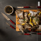 BUBBA Complete Kitchen and Steak Knife Set for all your kitchen cutting needs with G10 Handles, Premium German Stainless Steel and a Parawood Knife Block.