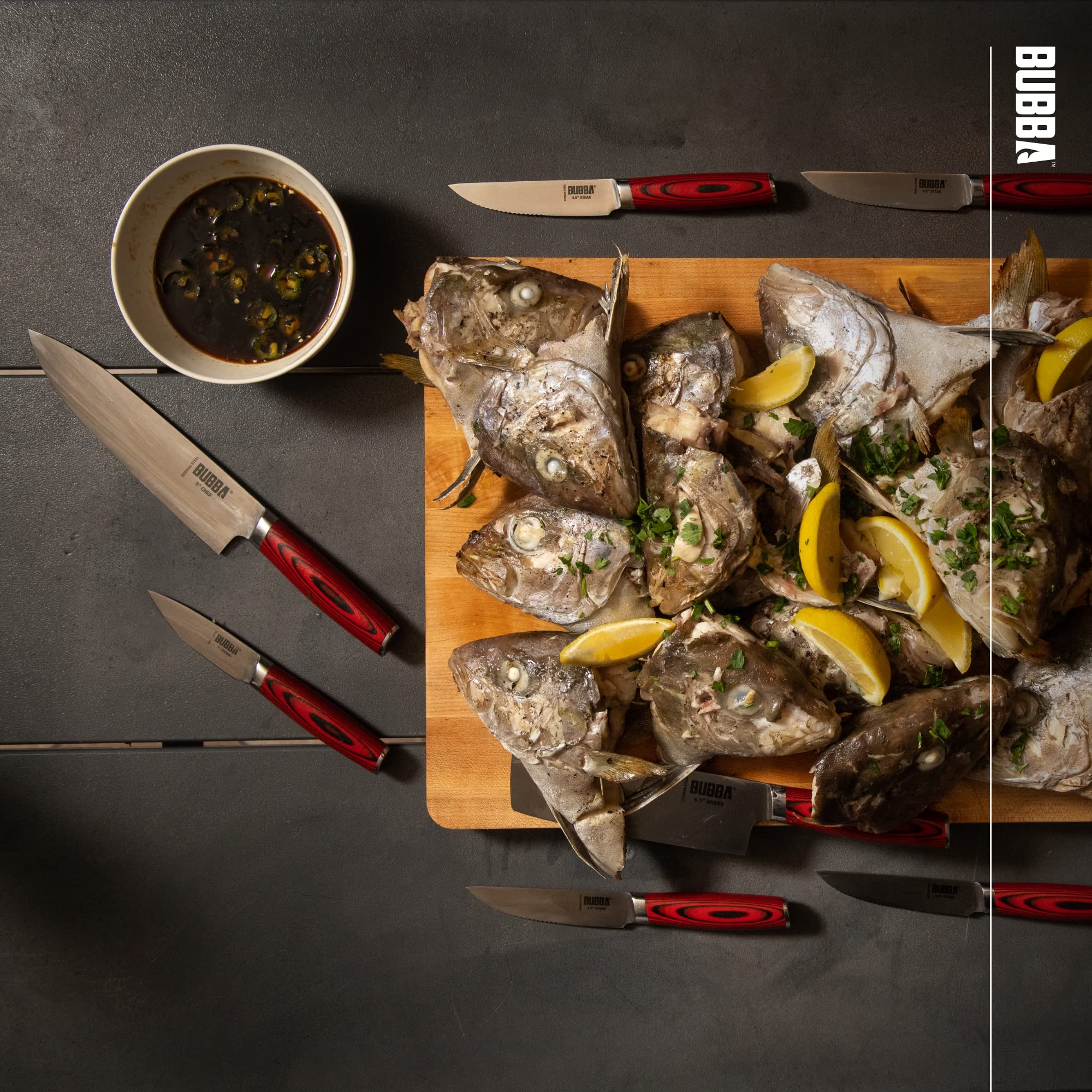 BUBBA Complete Kitchen and Steak Knife Set for all your kitchen cutting needs with G10 Handles, Premium German Stainless Steel and a Parawood Knife Block.